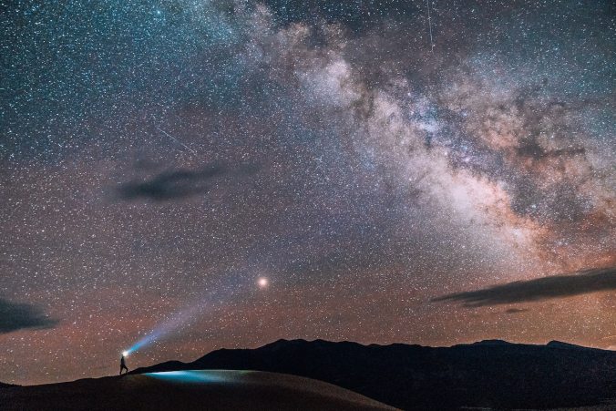 Man with headlamp staring into sky of stars
