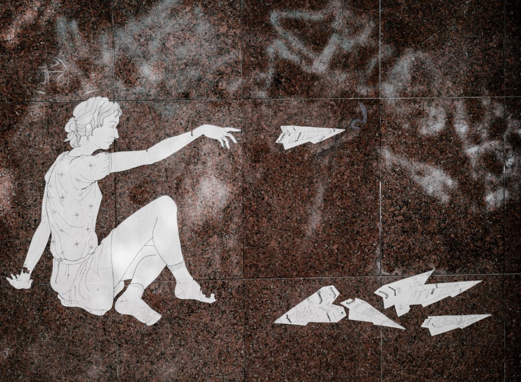 Drawing of woman throwing paper planes