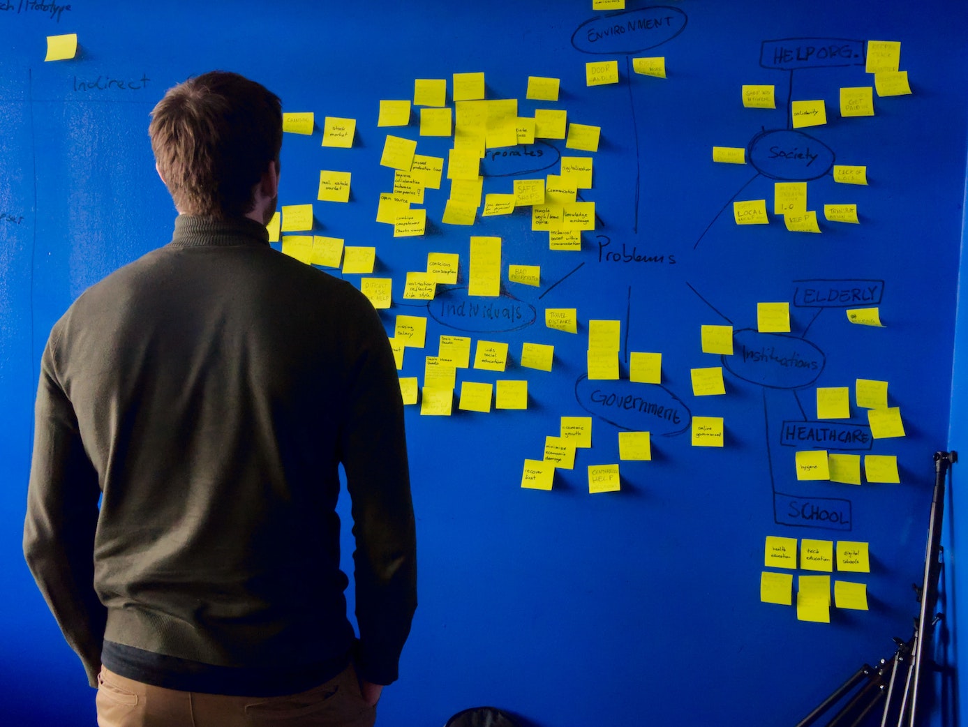 Man staring at a bunch of post-it notes