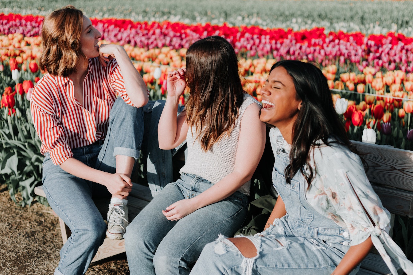 Bunch of girls laughing in flower field.