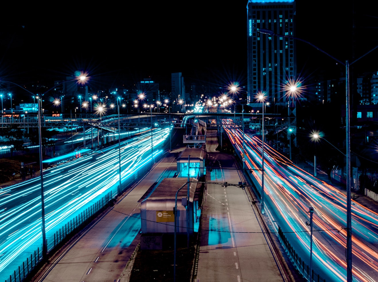 Photo of a busy highway at night