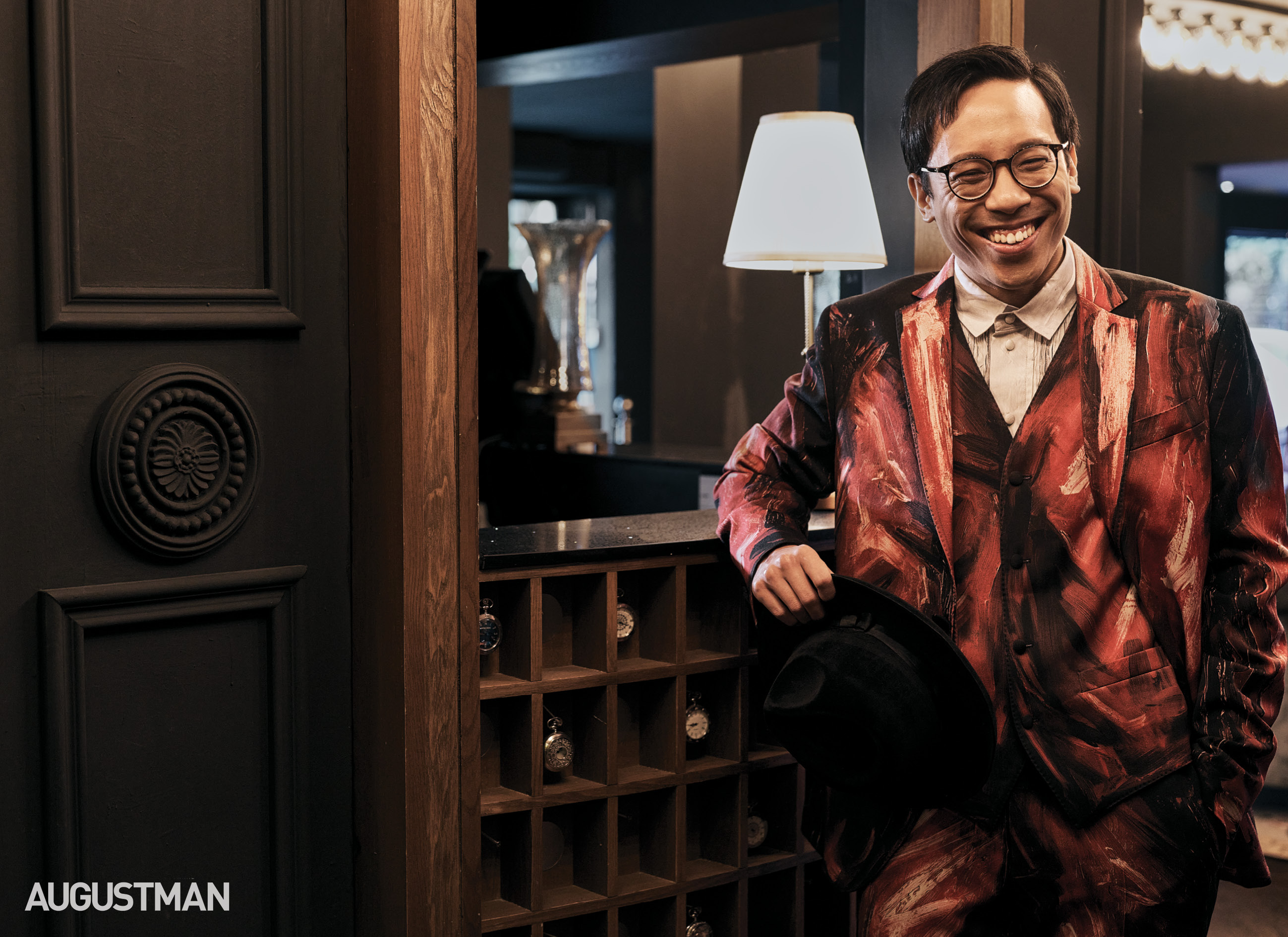 Stuart Danker in Moschino red three-piece suit