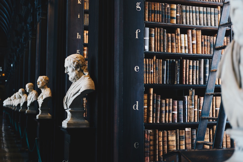 A row of stone statues in a library