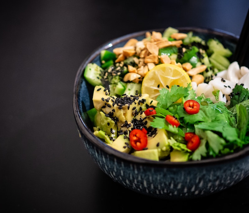 A picture of a colourful Buddha bowl or salad